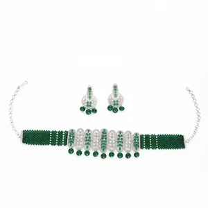 New Fashion Popular Rhodium Plated Cubic Zirconia Mala <b>Necklace</b> Set With <b>Green</b> Stone & <b>Beads</b> - Product Image 1