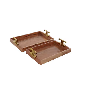 Plateau de service rectangulaire en bois Art Déco multifonctionnel pour aliments et boissons avec poignées métalliques, logo personnalisé, taille pour la maison - Product Image 1