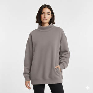 Sweat-shirt d'hiver ample et décontracté pour femme, col montant uni, style streetwear, haut long confortable - Product Image 1