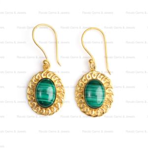 Plaqué or 18 carats belle lunette en malachite verte naturelle de 10x12mm fine boucles d'oreilles ovales pour femmes faites à la main - Product Image 5
