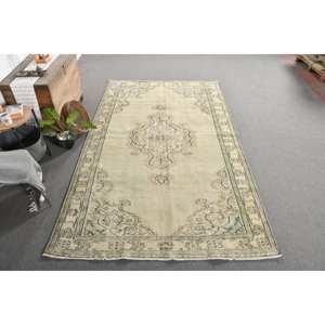 Vintage Beige Turkish <b>Rug</b> 6x9ft <b>Boho</b> Style Handmade Wool Patchwork Rectangle <b>Rugs</b> for Bedside with Latex Backing - Product Image 4