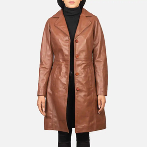 Abrigo de Cuero Tipo Gabardina para Mujer, Piel de Oveja Genuina, Color Marrón, Abrigo Largo de Invierno - Product Image 5