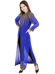 Hermoso trabajo hecho a mano apliques de lentejuelas Kaftan Abaya modesto frente abierto Kimono estilo mujeres hasta el suelo tren de barrido Georgette - Product Image 2
