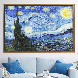 Impression Nuit étoilée de Van Gogh : Art mural en verre trempé ou toile imprimée, TOILE ENCADRÉE DORÉE - Product Image 1