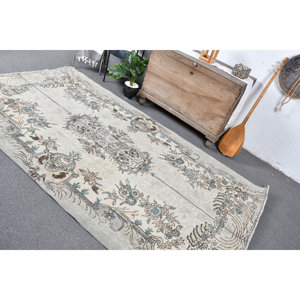 Tapis en laine turque vintage 4.9x8,9 pieds Patchwork beige et bleu tissage plat pour décorations de salon avec support en latex - Product Image 4