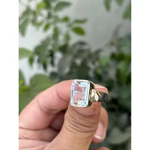 925 Silver Fine Jewelry <b>Ring</b> with Natural Emerald Cut <b>Crystal</b> Quartz Rhodium Plated Geometric Pattern for Engagement - Product Image 3