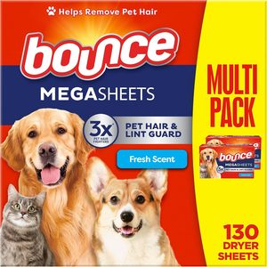 แผ่นดูดซับขนสัตว์และขุยผ้า Bounce Pet Hair and Lint Guard Mega Dryer Sheets, กำจัดขนสัตว์ได้ 3 เท่า, กลิ่นหอมสดชื่น, 130 แผ่น - Product Image 1