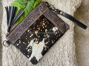 New Arrival Western Patterned Leather Cowhide Metallic Fur <b>Handbag</b> Carving Hand Tooled Leather Tassel Boho Women's Sling Bags - Product Image 5