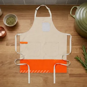 <b>Canvas</b> Heavy Duty Sleeveless Bib <b>Apron</b> with Multiple Pockets Orange Trim Cooking <b>Apron</b> Simple Style Daily Use - Product Image 1