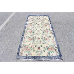 Alfombra Turca, Alfombra Vintage de 3.5x7 pies, Alfombra Marroquí de Lana Azul y Blanca - Product Image 1