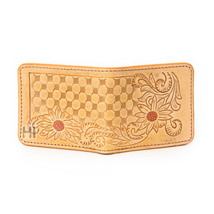 Cartera de bloqueo RFID triple de piel de vaca negra corta de estilo Vintage OEM, moda occidental de lujo, borla con herramientas florales hechas a mano - Product Image 4