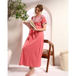 Chemise de nuit en dentelle 100% coton pour femmes, manches courtes, longueur totale, tissu respirant, col uni, élégant, automne/printemps/été - Product Image 1