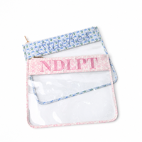 Pochette de rangement transparente pour projets de broderie au point de croix, motif floral bleu, avec panneau de présentation pour outils de rangement sur toile, 14x11 pouces