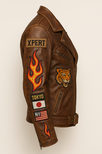 Veste en cuir véritable anti-UV à manches longues pour homme, style motard vintage personnalisé, surdimensionnée, unique, avec patchs brodés, dernière collection des années 80 - Product Image 4