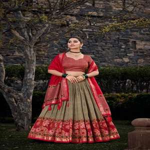 Nouveau 2024 dernière tenue de créateur haute sur demande Tussar Silk Lehenga Choli & Dupatta avec impression florale et feuille travail à vendre - Product Image 1