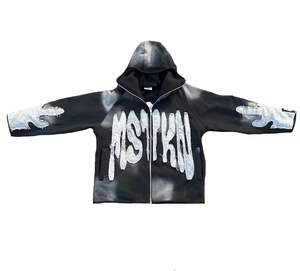 Custom Heavyweight Acid Wash Distressed 100% Cotton Applique Embroidery <b>Cropped</b> Streetwear <b>Zip</b> <b>up</b> <b>Hoodie</b> - Product Image 1