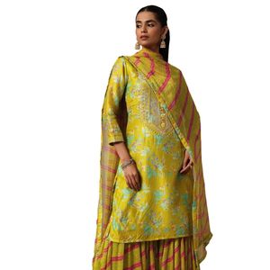 Abito Sharara Kurta stampato verde con Gotta Patti lavoro Dupatta per feste di ricevimento di nozze - Product Image 2