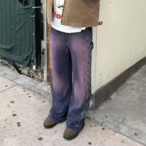 Personnalisé Vintage Hommes Track Jogging Hip Hop Outfit Sun Faded Baggy Pantalon Lavé Strass Élastique 100% Coton pantalon - Product Image 2