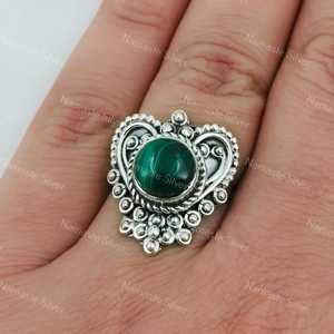 925 Sterling Silver Malachite <b>Ring</b> Handmade Boho <b>Statement</b> Jewelry with Round Gemstone Inlay Gift for Women - Product Image 1