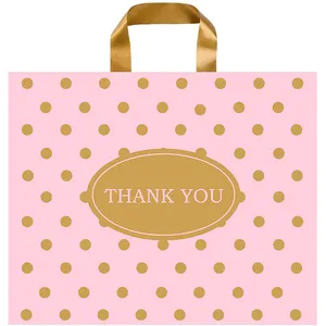 사용자 정의 로고 인쇄 포장 PE 플라스틱 토트 백 재활용 감사합니다 핑크 핸들 쇼핑 가방 부티크