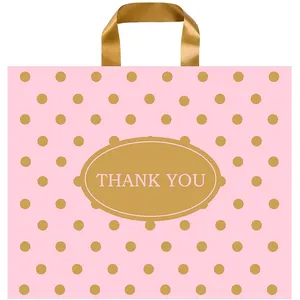 Custom Logo Printed Packaging PE Plastic Tote Bag Recyclable Thank You Pink Handle Shopping Bags For Boutique