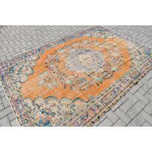 Alfombra turca azul naranja vintage clásica de 5 pies, 9 pulgadas, 8 pies, 8 pulgadas, patrón de retales, Material de lana, sala de estar látex para, pasillo, 4M - Product Image 4