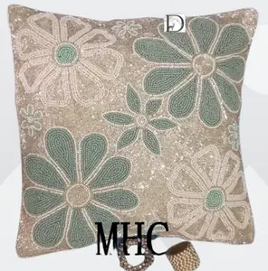 Handmade Silver And Sky Blue Flower Design Beaded Cushion Cover Decorative Pillow Cover Hotel Supplies Memory