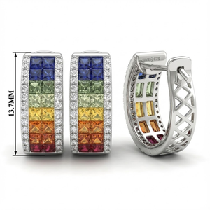 Pendientes de Aro de Oro Blanco de 18K con Zafiros Arcoíris, Engaste Invisible, Piedras Preciosas Multicolor de Corte Princesa, Joyería Fina al por Mayor - Product Image 5