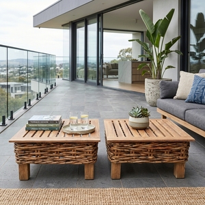 Natural Teak Wood Slatted Coffee <b>Table</b> Chunky Woven Rattan Base Square Low Patio <b>Table</b> Setup Decor Pure Art Room Design - Product Image 2