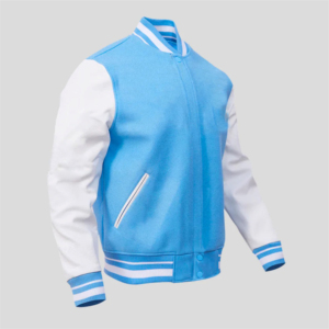 Men's Light Blue <b>White</b> Varsity <b>Jacket</b> Preppy Style Turn-down Collar Regular Sleeve Heat-Transfer Printing Left Sleeve Logo - Product Image 3