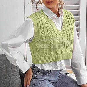 Custom OEM Winter V-Neck 100% Cotton Breathable Sleeveless Knit <b>Vest</b> Front Logo - Product Image 2