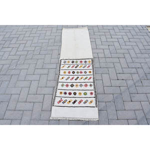 พรมเย็บปะติดแบบดั้งเดิมสีขาวผ้าขนสัตว์โพลีเอสเตอร์1.7x5.6ฟุตห้องโถงสี่เหลี่ยมสำหรับห้องนอนทางเข้าห้องนอนน้ำยางขนาดใหญ่ - Product Image 1