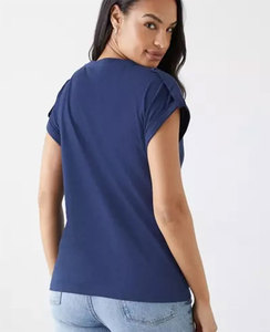 T-shirts d'été pour femmes en coton denim en vrac, respirants, écologiques, col rond, crop tops avec un trou unique - Product Image 1