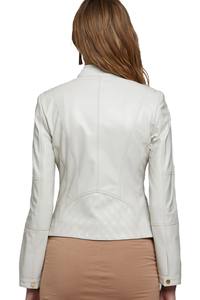 Venta al por mayor de calidad superior, chaqueta de moda para mujer, chaqueta de cuero de oveja recortada, Moto Bomber, chaqueta de cuero de Color blanco para mujer, Canleo - Product Image 2