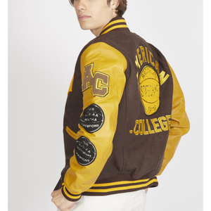 Custom Handmade <b>Brown</b> <b>Wool</b> Body With Gold Genuine Cowhide Leather Sleeves Baseball Bomber Letterman Jacket - Product Image 3