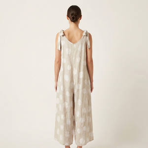 Combinaison décontractée ample à pois avec col en V et bretelles ajustables à nœud, 100 % lin toile respirant, idéale pour le printemps - Product Image 2