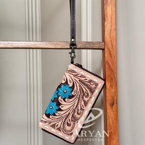 Real Leather Hand Tooled Carving Wristlet Wallet Turquoise Flower Multi Purpose Women's Multi Uses Hot Sale Wallets - Product Image 1