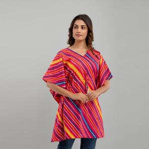 <b>Pink</b> Cotton Kaftan Dress with Leheriya Pattern Print Western Style-SHKUP1228 - Product Image 5