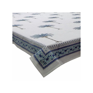 Fabricant indien de haute qualité fait à la main bloc imprimé carré coton salle à manger nappe de mariage bleu palmier Design vente bas - Product Image 1