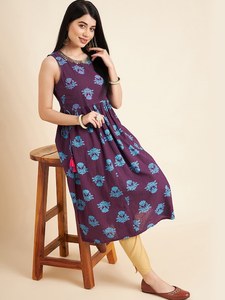 New Arrival Floral Printed Sleeveless Cotton Anarkali Kurta Knee-Length A-Line Elegant <b>Dresses</b> Summer Casual Clothes Women Sale - Product Image 4