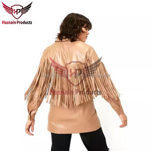 Womens Real Beige Leather <b>Jacket</b> Fringe Tassels Snap Front Sheepskin Tan <b>Western</b> Cowgirl Shacket Coat Custom Winter Outerwear - Product Image 6