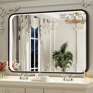 Miroir LED élégant pour les espaces de bain Grand design rectangulaire arrondi Rétroéclairage noir Style moderne illuminé pour les hôtels - Product Image 1