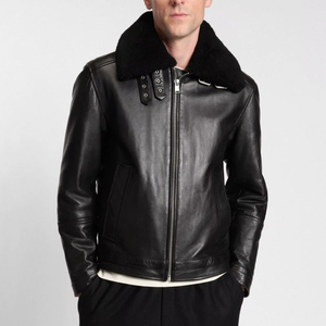 แจ็กเก็ตบอมเบอร์หนังแกะสีดำสำหรับผู้ชายเสื้อแจ็กเก็ตแฟชั่นสไตล์สตรีทแวร์ซับใน - Product Image 1