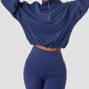 Women's Casual Zip Stand Collar Cropped Gym Sweatshirt Drawstring Hem Cropped Sports Pullover