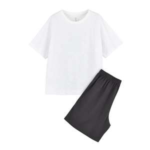 Conjunto de pantalones cortos informales de verano de alta calidad, de algodón grueso Jersey, pantalones cortos de manga corta, transpirables, holgados, sólidos - Product Image 4