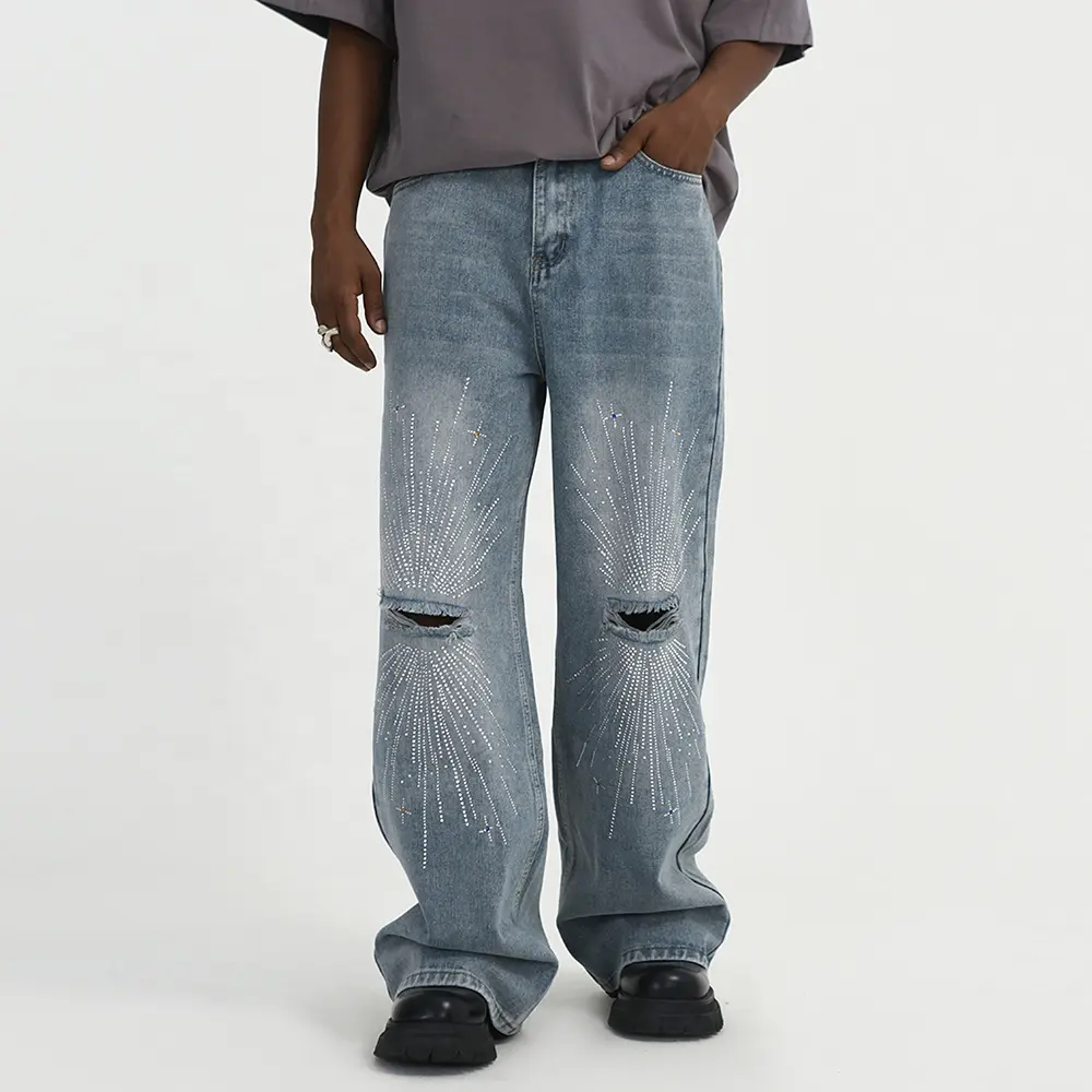 GDTEX jeans personalizados com strass para homens, jeans de rua punk, jeans largos e desgastados
