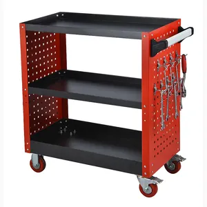 Neatly 4" Rubber Caster Steel 3 Tray Workshop Red And Black Tool Trolley Cart With Aluminum Alloy Handle