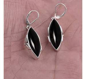 2025 impresionantes pendientes de diseño de plata esterlina ónix negro forma de marquesa piedra preciosa elegante joyería fina hecha a mano para boda - Product Image 2