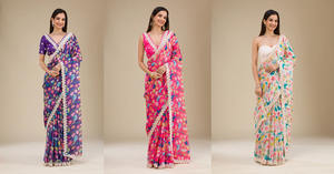 Sari digital con estampado floral con bordado y lentejuelas, ropa tradicional india exquisita - Product Image 3