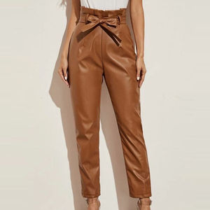 Pantalon en cuir pour femme personnalisé, hiver, automne, élégant, marron, ceinture, taille haute, design de qualité supérieure, mode moderne, pantalon en cuir pour femme - Product Image 5